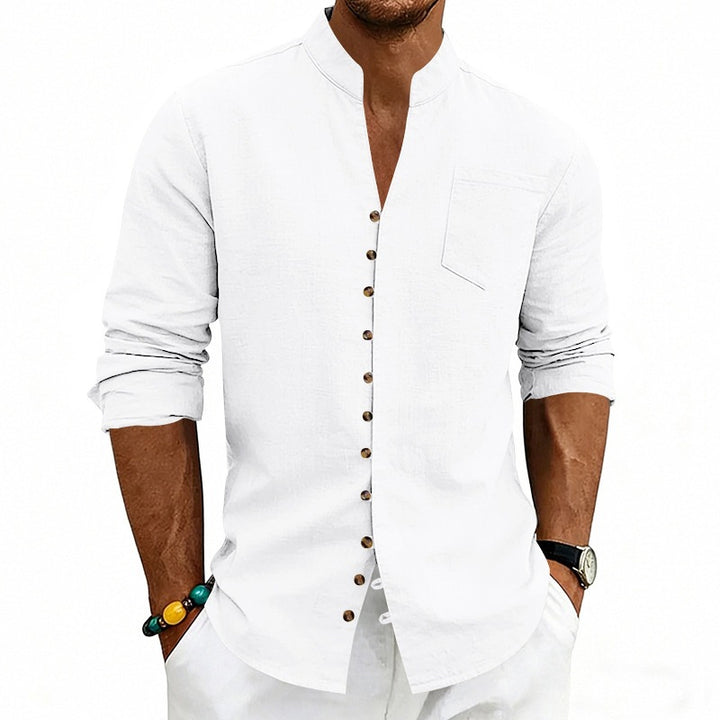 Men's shirt with stand-up collar and asymmetrical button placket made of linen mix Mune Fashion
