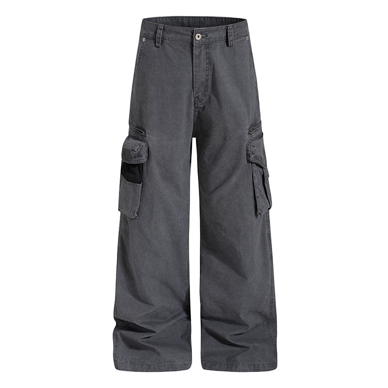 Women's Loose High-Waist Canvas Cargo Pants with Multi-Pockets and Mesh Details Mune Fashion