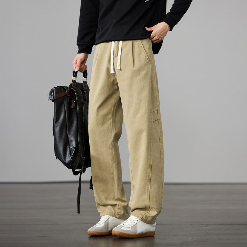 Men's Loose Cotton Canvas Cargo Pants with Drawstring Waist and Multiple Pockets Mune Fashion