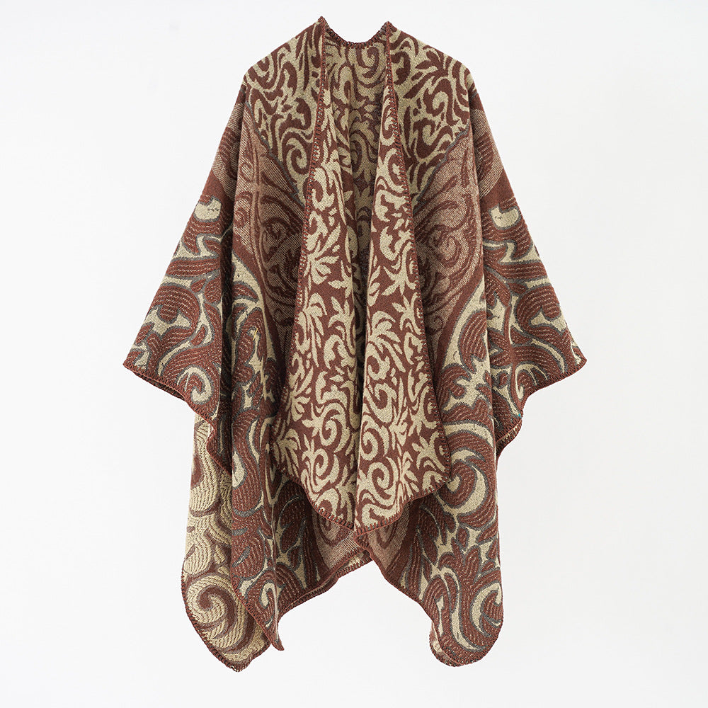 Women's Ornamental Jacquard Cape Poncho with Open Fall and Boxy Silhouette Mune Fashion