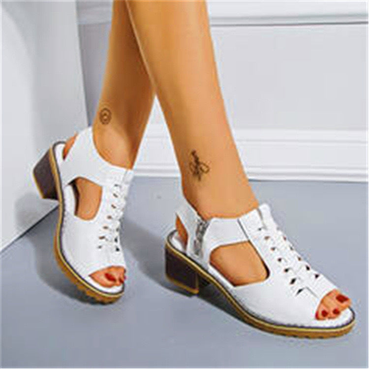 Women's Braided Leather Block Heel Sandal with Zipper and Padded Sole Mune Fashion