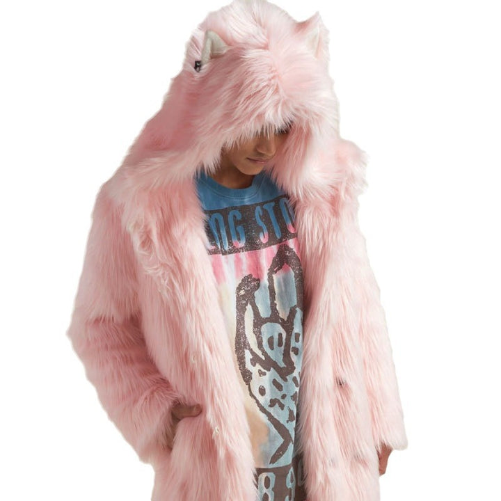 Women's Longer Hooded Faux Fur Coat with Animal Ears and Fluffy High Pile Mune Fashion