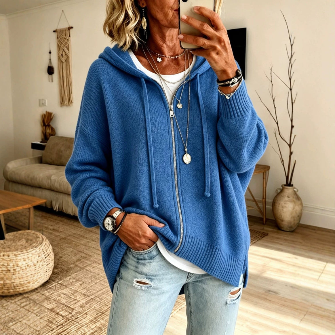 Women's Oversize Hooded Zip Cardigan made of soft fine knit Mune Fashion