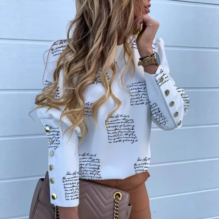 Women's Printed Long Sleeve Blouse with Chain Pattern and Decorative Button Cuffs Mune Fashion