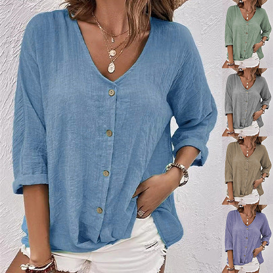 Women Loose V-Neck Blouse in Linen Look with Button Placket and Roll-Up Three-Quarter Sleeves Mune Fashion