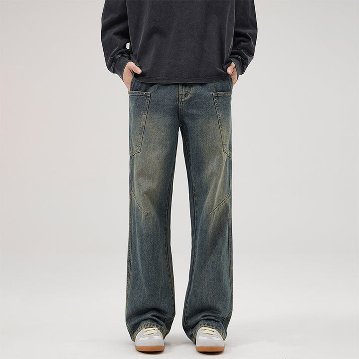Men's Ultra-Wide Stonewashed Denim Palazzo Cargo Pants with Large Patch Pockets Mune Fashion