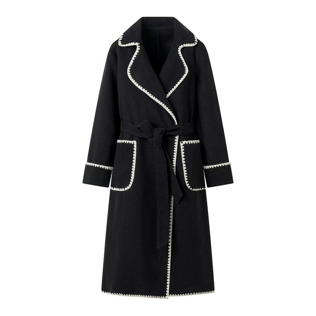 Women's Midi-Length Wool Blend Coat with Tie Belt and Zigzag Trim Mune Fashion