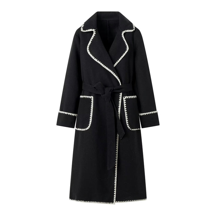 Women's Midi-Length Wool Blend Coat with Tie Belt and Zigzag Trim Mune Fashion