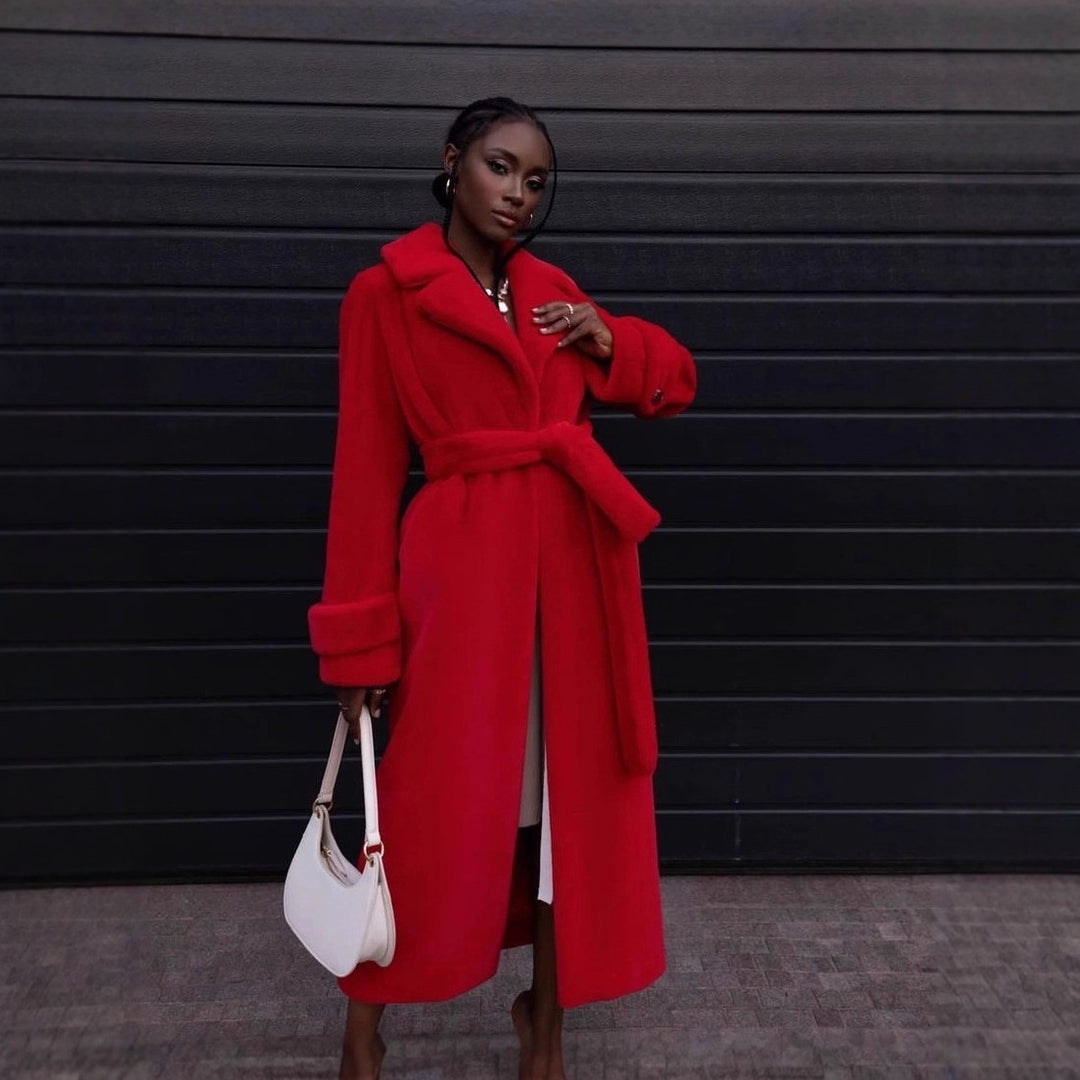 Women Elegant Maxi Wool Coat with Waist Belt, Wide Lapel and Roll-Up Cuffs Mune Fashion