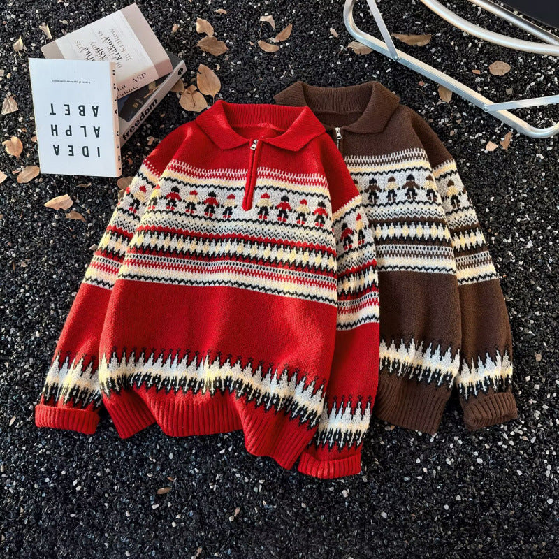 Women's Jacquard Half-Zip Sweater with Polo Collar and Norwegian Intarsia Mune Fashion