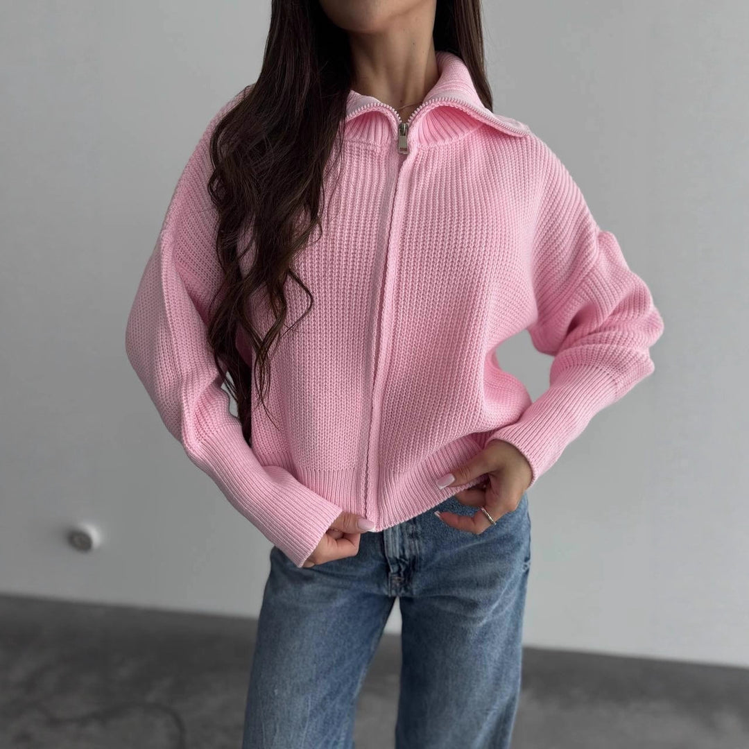 Women Chunky Knit Zipper Cardigan with Balloon Sleeves and Stand-up Collar Mune Fashion
