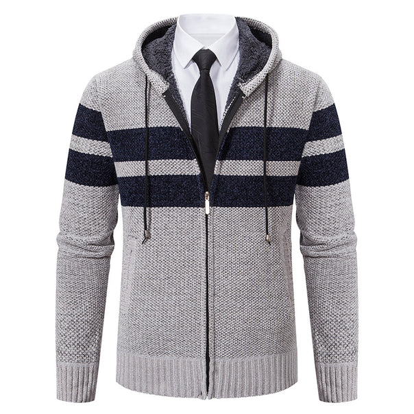 Men's knitted hoodie jacket with teddy lining, concealed zipper and contrast stripes Mune Fashion