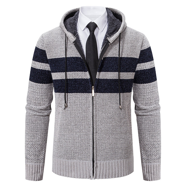 Men's knitted hoodie jacket with teddy lining, concealed zipper and contrast stripes Mune Fashion