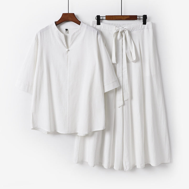 Women's Casual Linen-Viscose Lounge Set with Stand Collar Top and Wide Palazzo Pants Mune Fashion