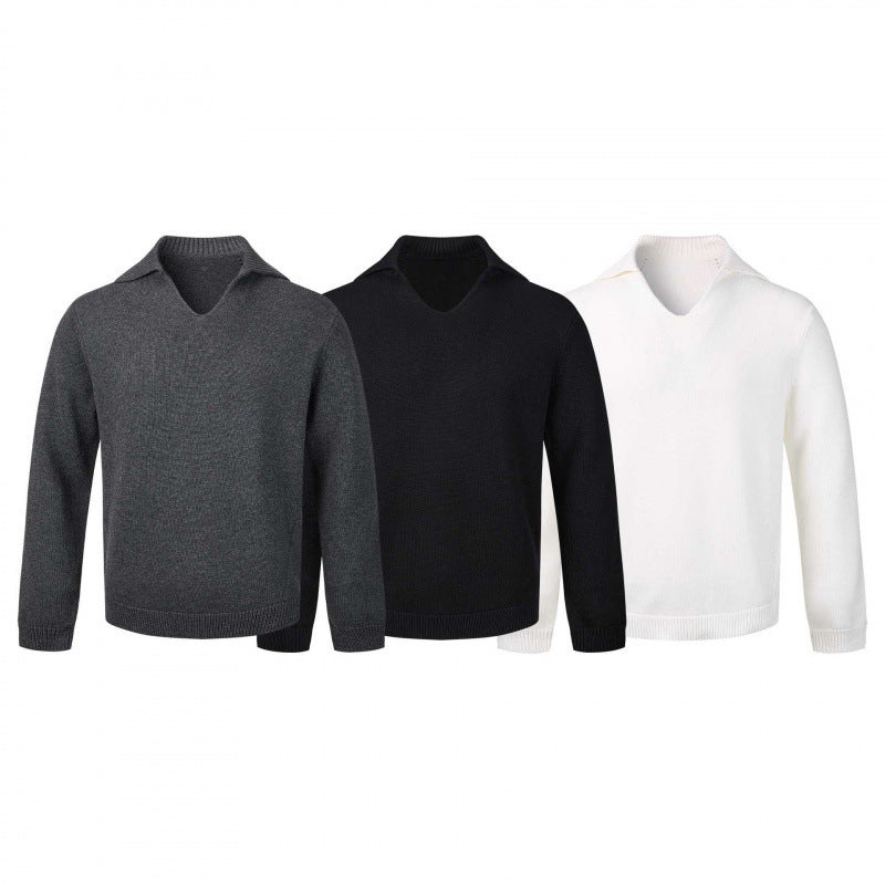 Men's fine knit sweater with V-neck and turned down shirt collar Mune Fashion