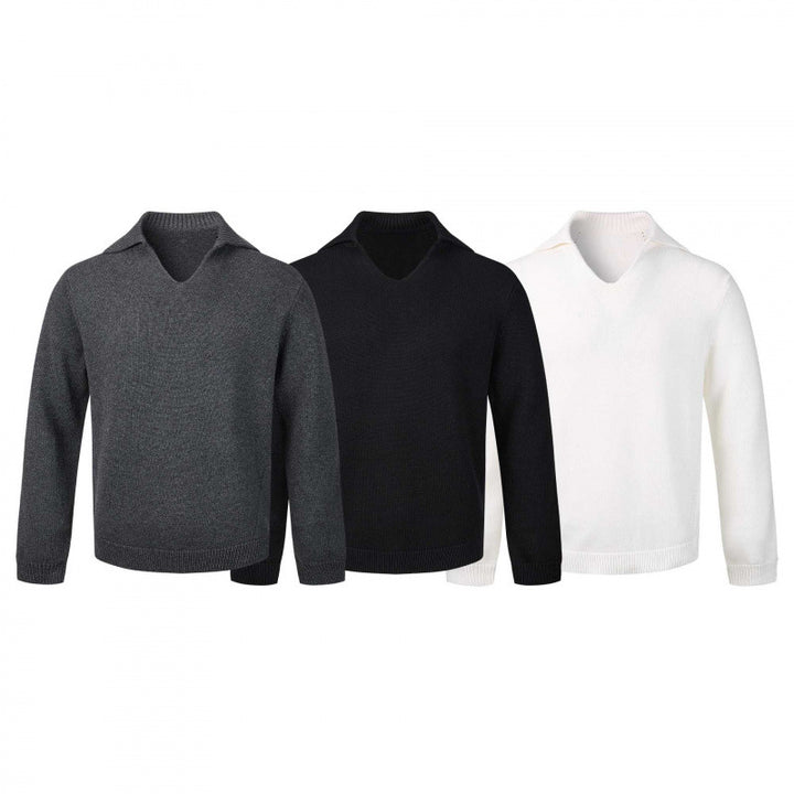 Men's fine knit sweater with V-neck and turned down shirt collar Mune Fashion