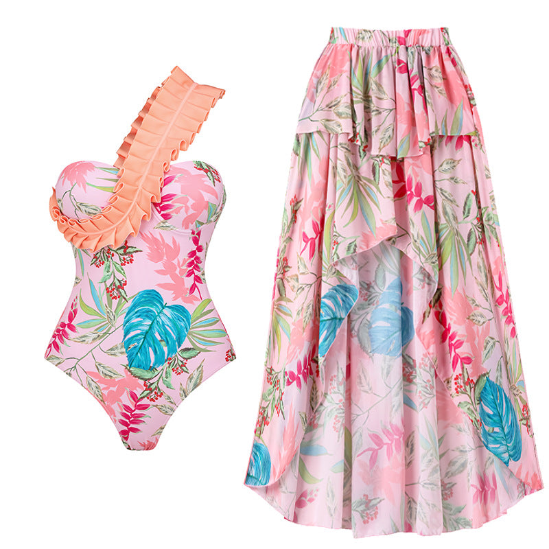 Women One-Piece Swimsuit with Stylish Ruffle Design and Floral Pattern Mune Fashion