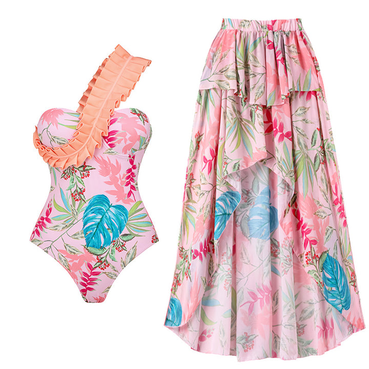 Women One-Piece Swimsuit with Stylish Ruffle Design and Floral Pattern Mune Fashion