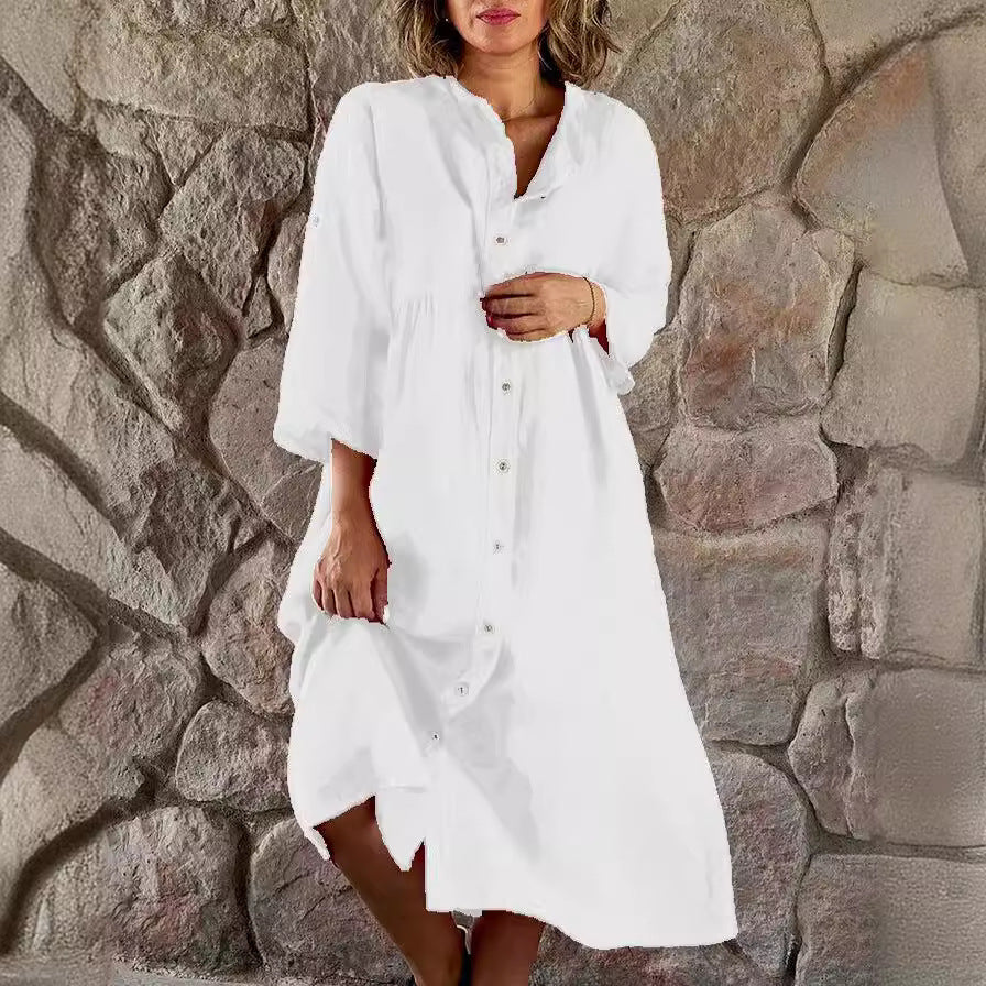 Women's Loose Midi Dress in Linen Blend with Continuous Button Placket and Side Pockets Mune Fashion