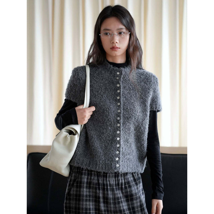 Women Short-cut Boucle Knit Vest with Button Placket Mune Fashion