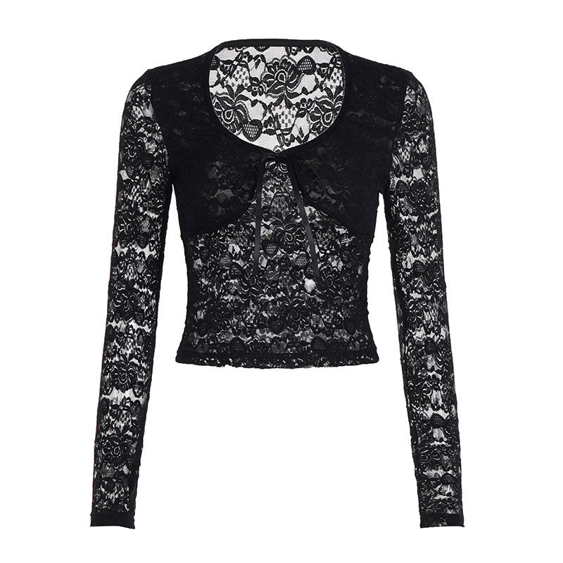 Women's Transparent Lace Cropped Top with Long Sleeves and Satin Bow Mune Fashion