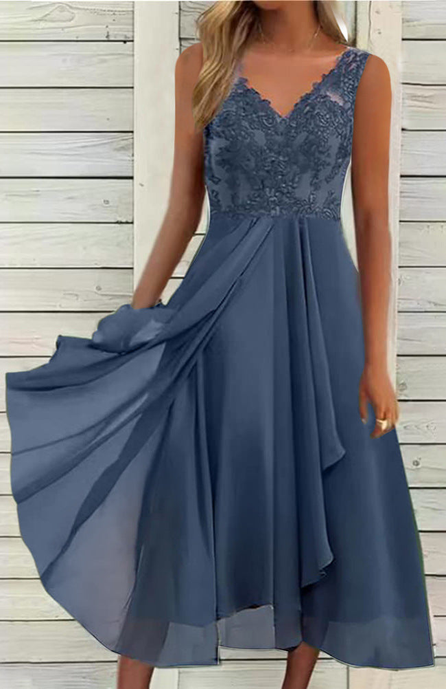 Women's elegant evening midi dress with embroidered lace bodice, tailored draping, and flowing layered skirt Mune Fashion