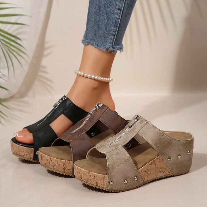 Damen Offene Keil‑Sandaletten mit vorderer Reißverschlussblende und Korkplateau Mune Fashion