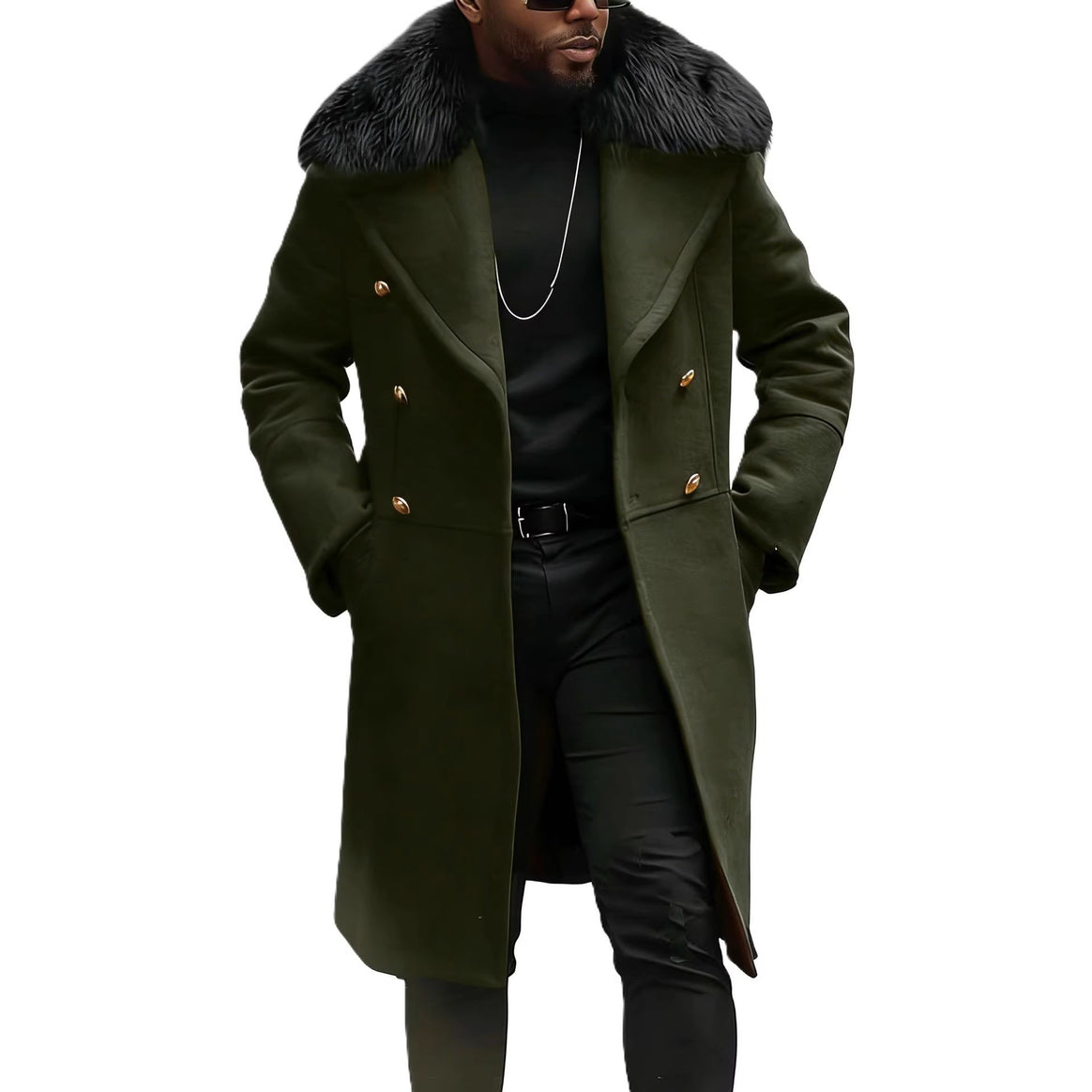 Men's double-breasted wool overcoat with voluminous sheepskin collar and gold decorative buttons Mune Fashion