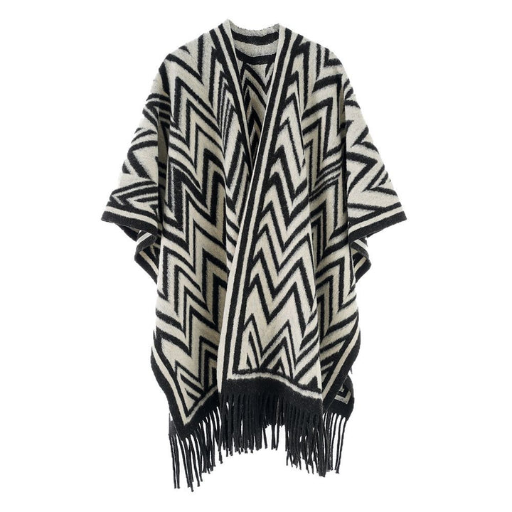 Ladies Large Fringe Poncho in Oversize Cape with Geometric Zigzag Jacquard Mune Fashion