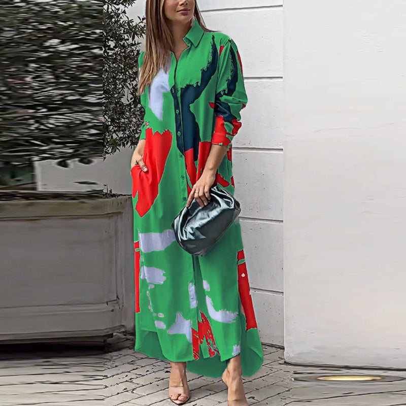 Women's Long Shirt Dress with Abstract Brush Print and Side Pockets Mune Fashion