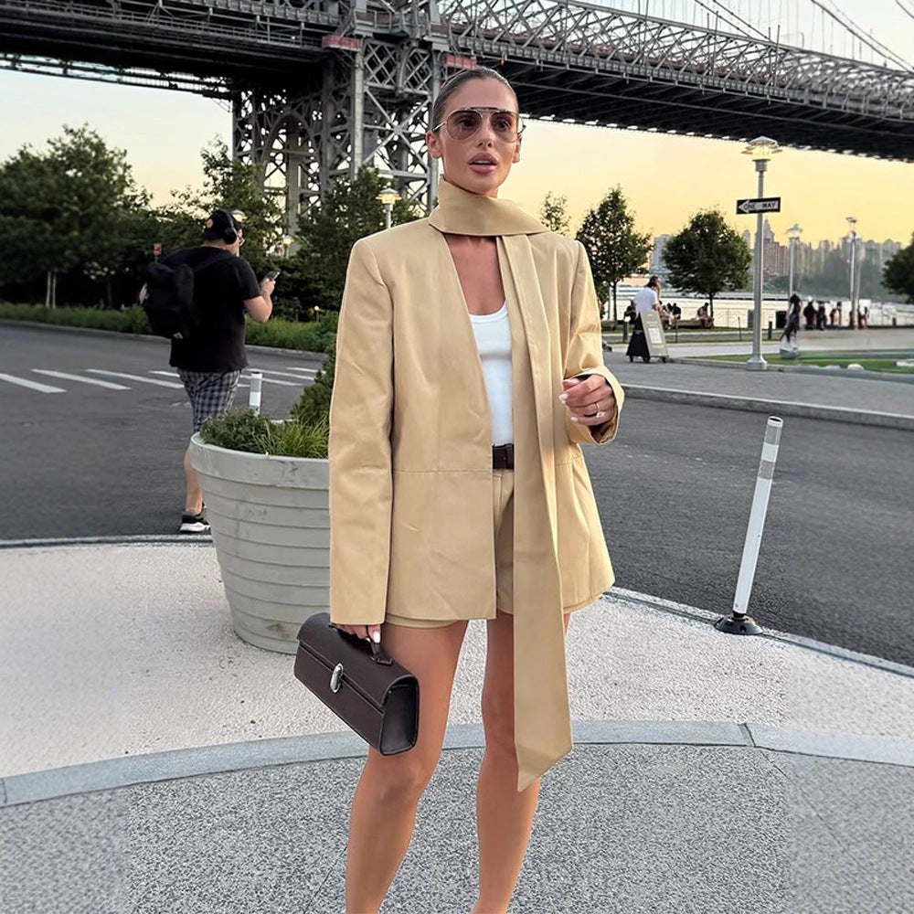 Women's Two-Piece Blazer Set with Long Shawl Collar and High-Waisted Shorts Mune Fashion