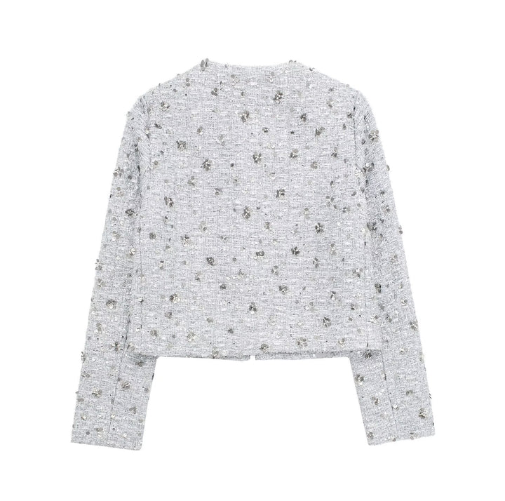 Women's short-cut Boucle Tweed jacket with floral sequin appliqué and open front Mune Fashion
