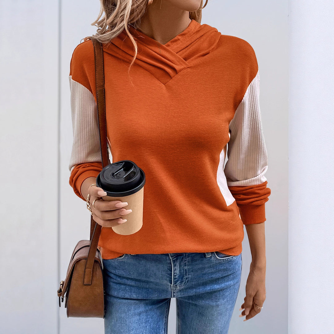 Women's Casual Hoodie with V-neck, Contrast Sleeves and Ribbed Cuffs Mune Fashion