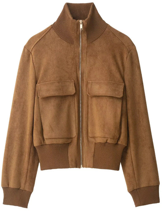 Women's Short Cut Velour Leather Bomber Jacket with Flap Pockets and Stand-Up Collar Mune Fashion