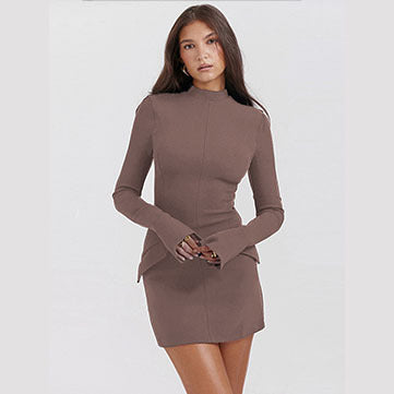 Women's fitted mini dress with stand-up collar, bell sleeves, and peplum detail Mune Fashion