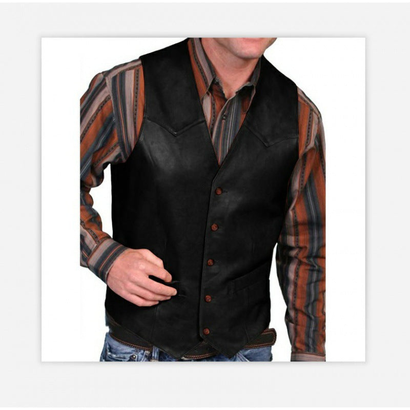 Men's tailored leather vest with western details, V-neck and two side pockets Mune Fashion