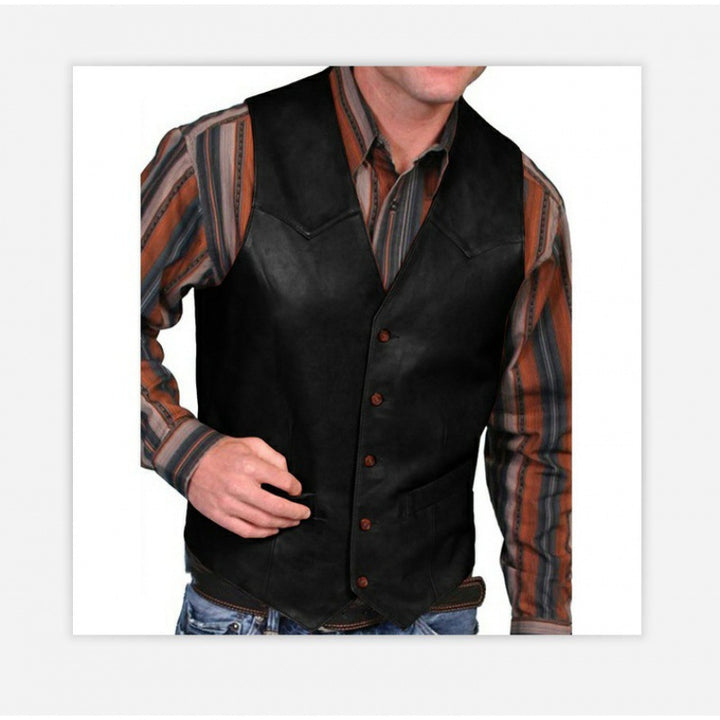 Men's tailored leather vest with western details, V-neck and two side pockets Mune Fashion