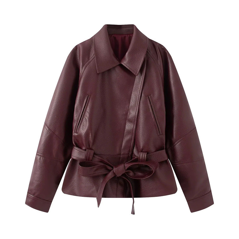 Women nan tailored faux leather jacket with shirt collar and tie belt Mune Fashion