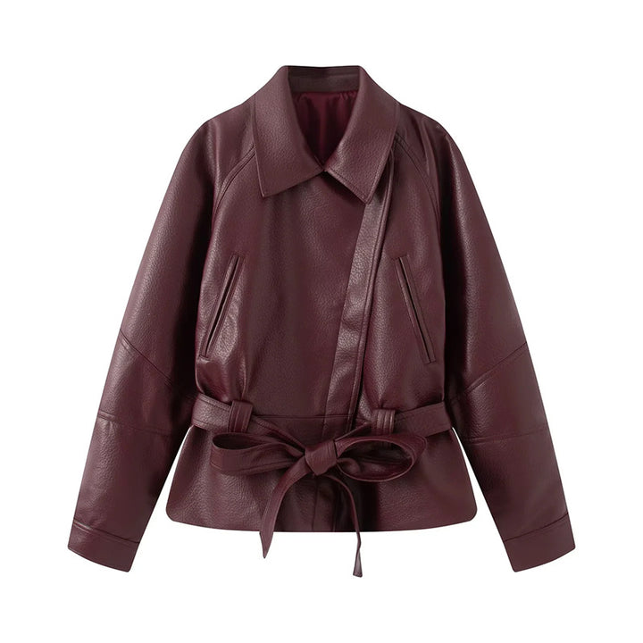 Women nan tailored faux leather jacket with shirt collar and tie belt Mune Fashion