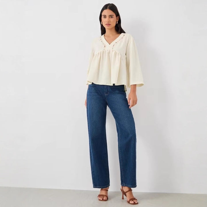 Women's Loose V-Neck Blouse Top with Embroidery Detail and Empire Gathering Drune