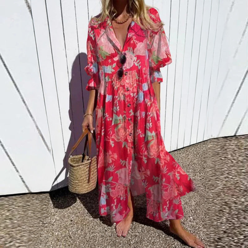 Women Flowing Maxi Dress with Continuous Button Placket V-Neck and Folk Print Mune Fashion