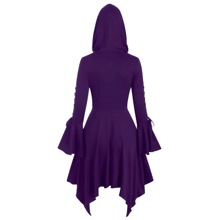 Women's Hooded Dress Coat with Asymmetric Turtleneck Hem and Tied Bell Sleeves Mune Fashion