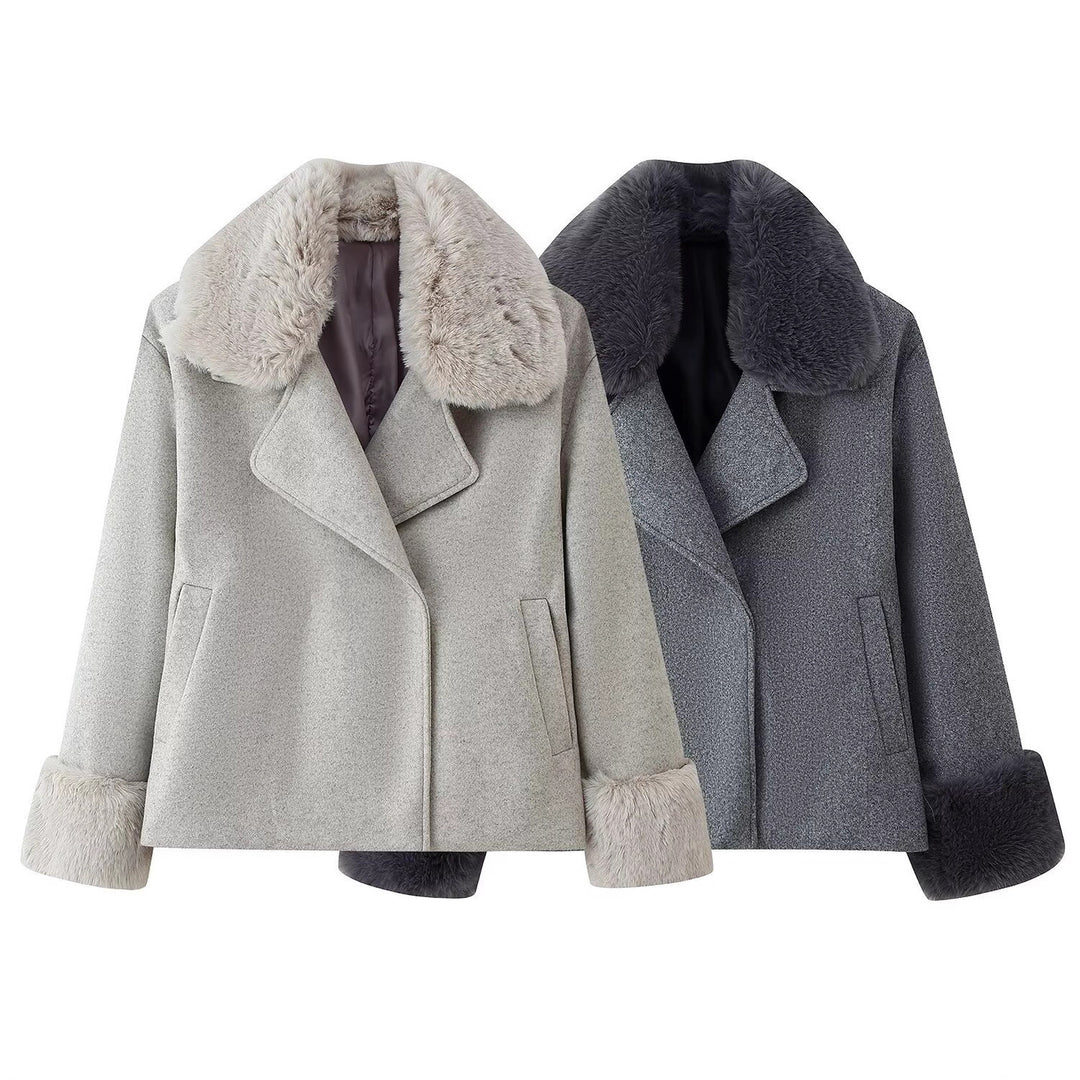 Women Short Wool Blend Coat with Removable Faux Fur Collar and Cuffs Mune Fashion