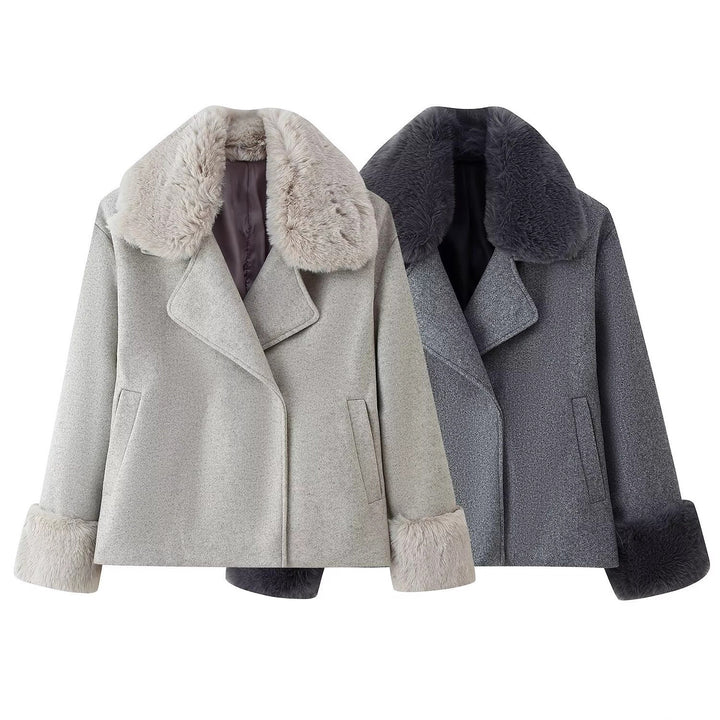 Women Short Wool Blend Coat with Removable Faux Fur Collar and Cuffs Mune Fashion