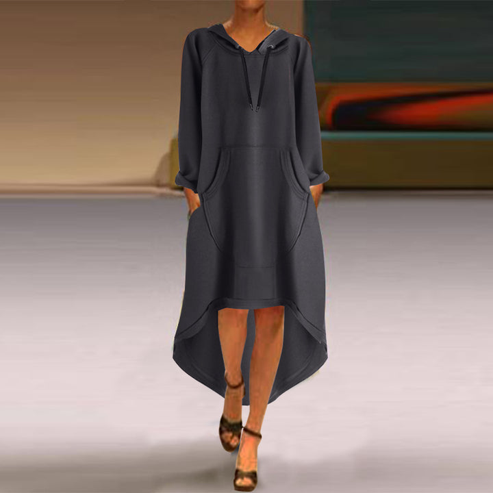 Women nan Oversize Hoodie Dress with high back hem, kangaroo pocket and casual street style cut Mune Fashion