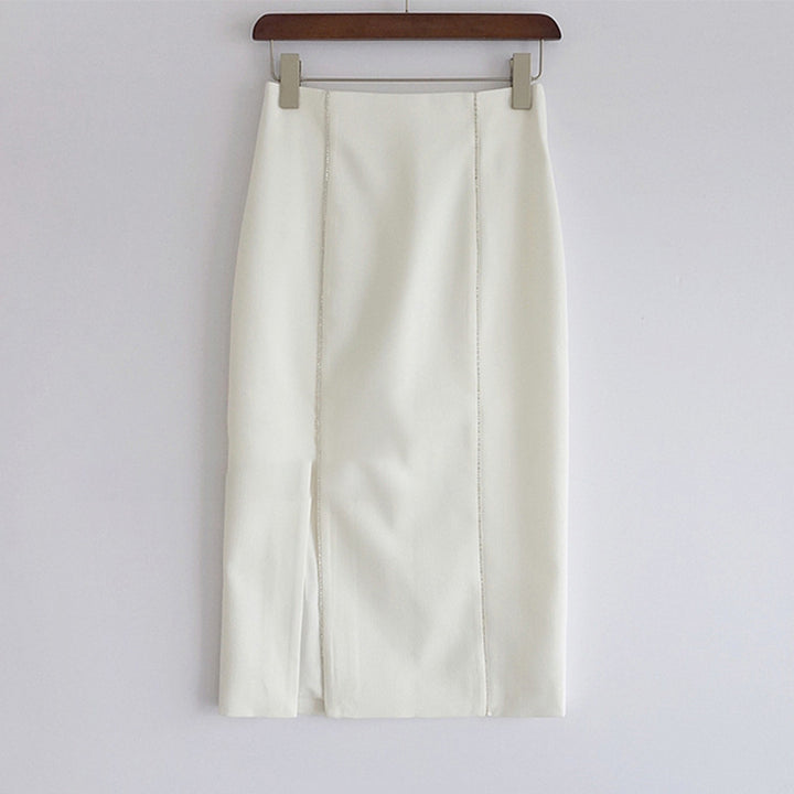 Women's High-Waisted Pencil Midi Skirt with Front Slit and Decorative Seams