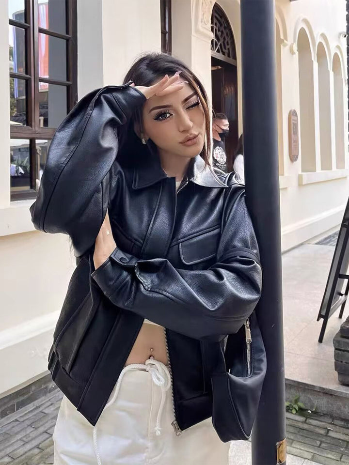 Ladies short-cut faux leather jacket in boxy cut with voluminous balloon sleeves Mune Fashion