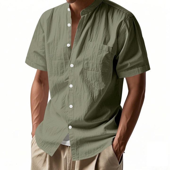 Men's nan legeres short-sleeve linen blend shirt with stand-up collar, chest pocket, and continuous button placket Mune Fashion
