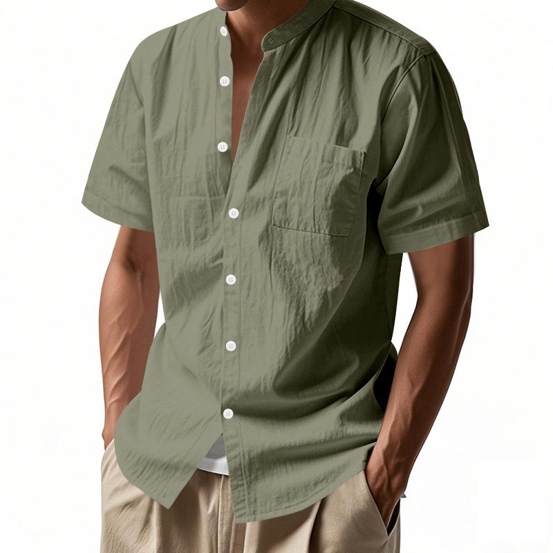 Men's nan legeres short-sleeve linen blend shirt with stand-up collar, chest pocket, and continuous button placket Mune Fashion