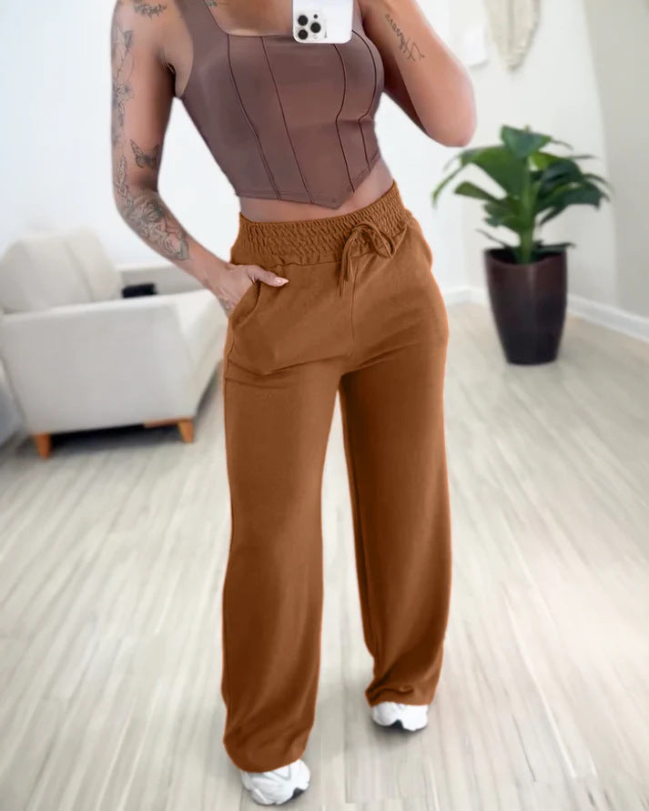 Ladies high-waisted lounge pants with wide leg, drawstring and side pockets Drune